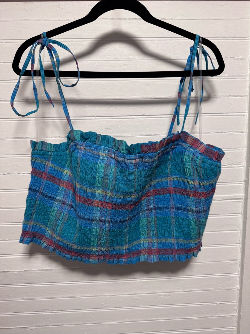Free Assembly Blue Madras Smocked Tie-Shoulder Crop Top